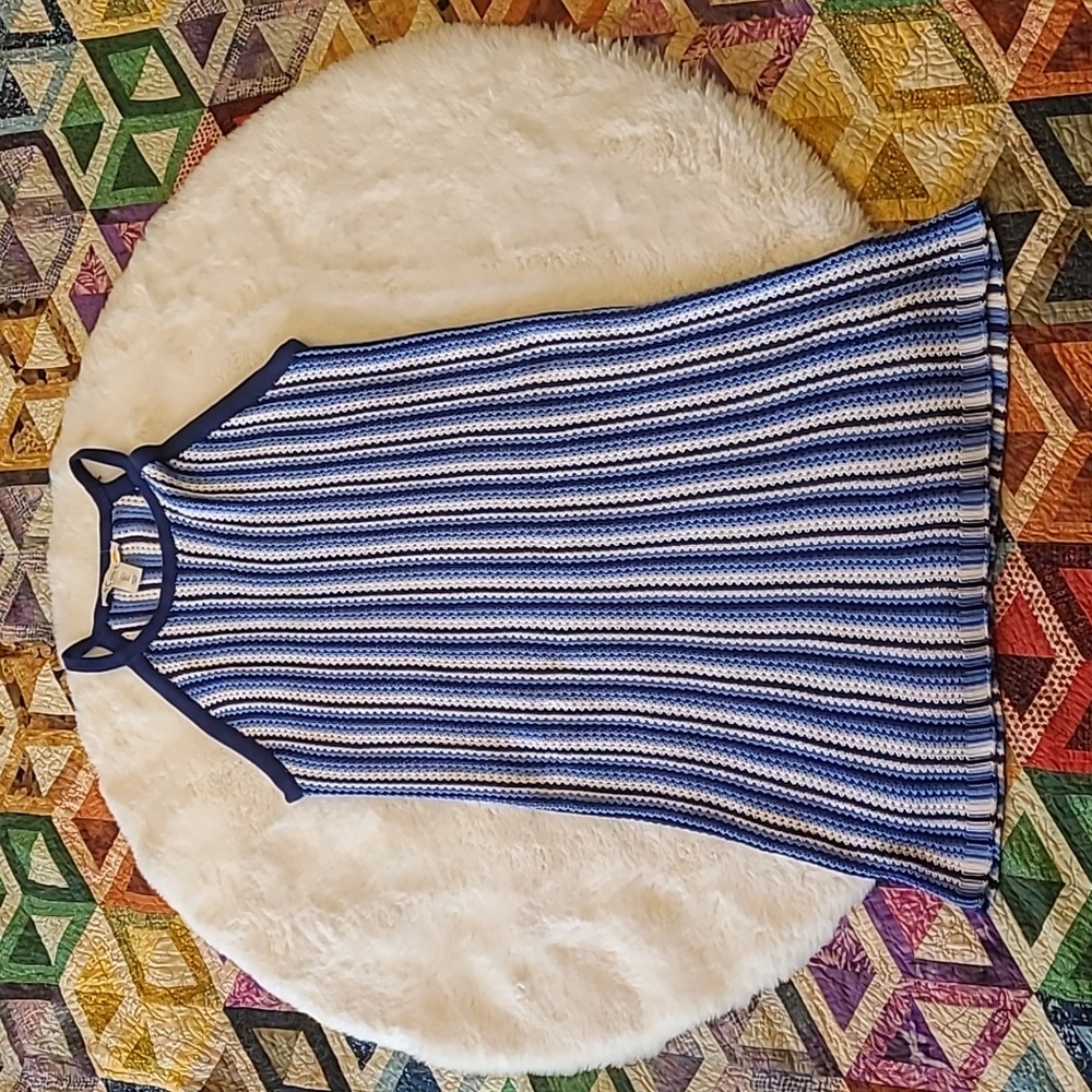 C&C California Blue Wide Knit Stripe Swim Beach Pool Summer Coverup Halter Dress